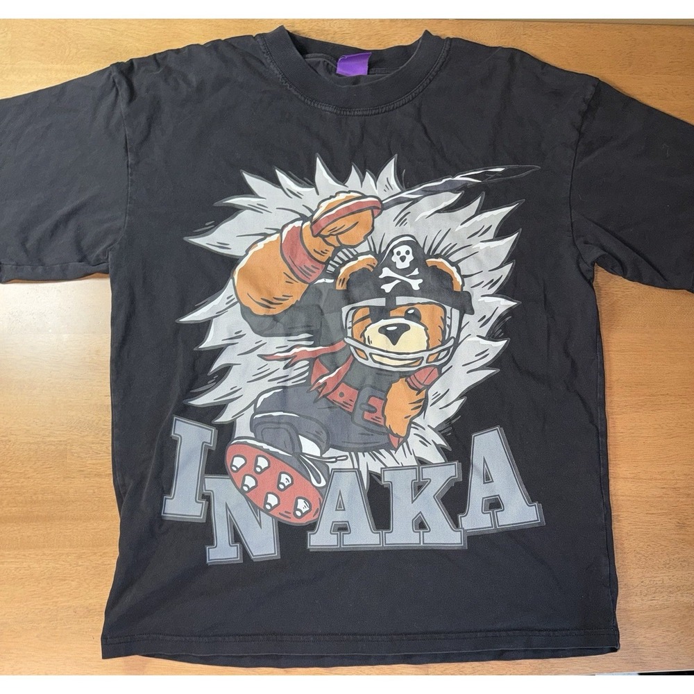 Inaka Power Pirate Bear Football Graphic T-Shirt Black Mens Medium Streetwear